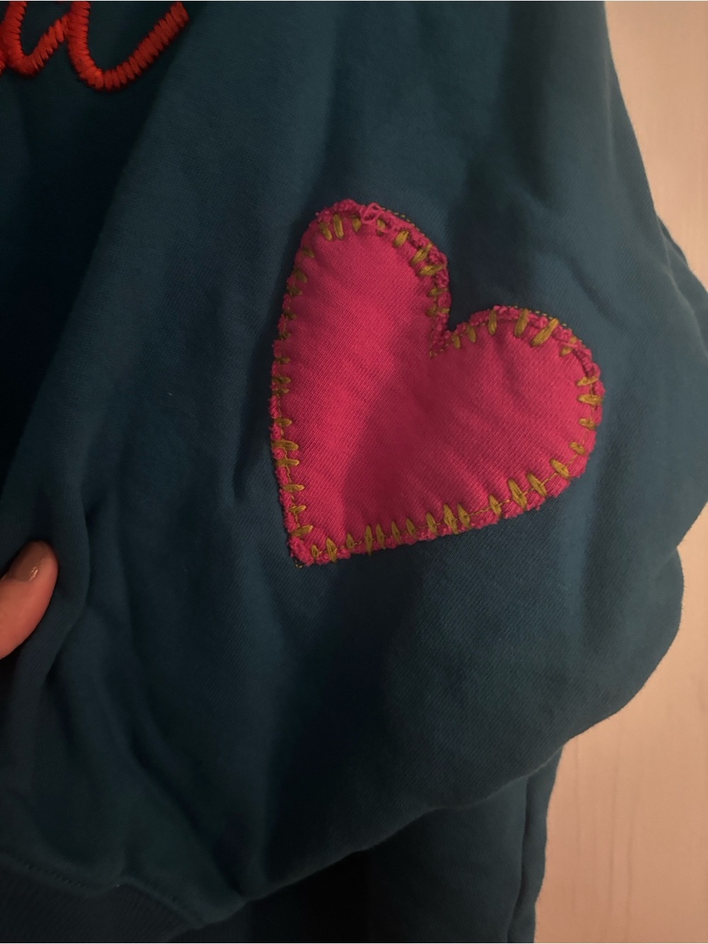 Natural Life Loved Heart Patch Teal Crewneck Sweater - Picture 2 of 6